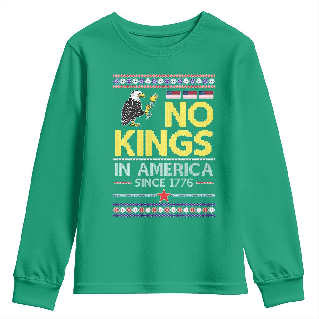 Funny Patriotic Christmas No Kings in America Youth Sweatshirt Since 1776 Bald Eagle Ugly Sweater - Wonder Print Shop