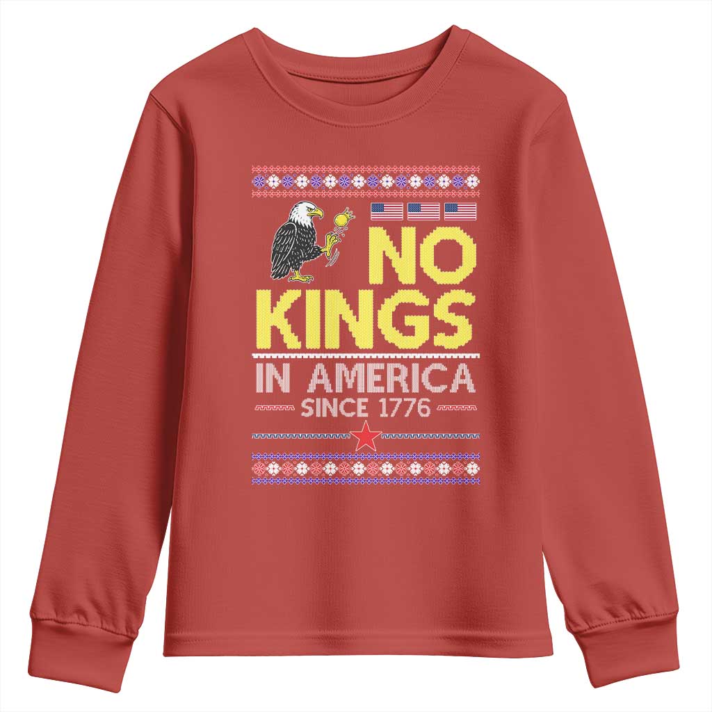 Funny Patriotic Christmas No Kings in America Youth Sweatshirt Since 1776 Bald Eagle Ugly Sweater - Wonder Print Shop