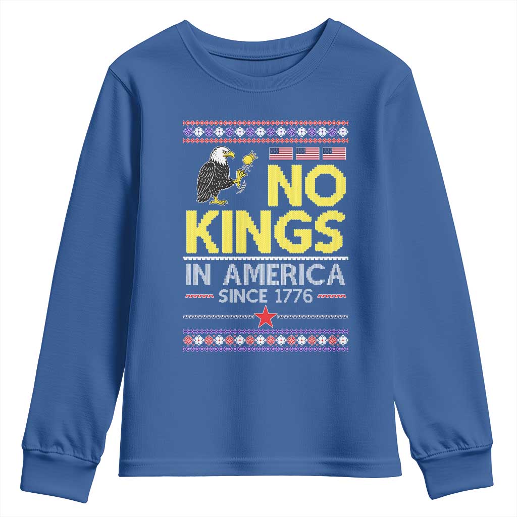 Funny Patriotic Christmas No Kings in America Youth Sweatshirt Since 1776 Bald Eagle Ugly Sweater - Wonder Print Shop