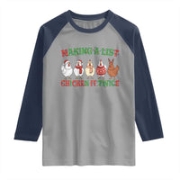 Funny Chicken Christmas Pun Raglan Shirt Making a List Chicken It Twice Cute Holiday Farm Animal - Wonder Print Shop