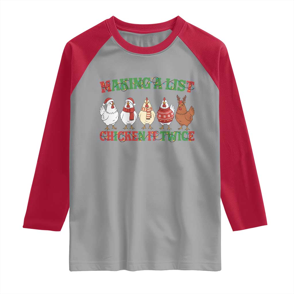 Funny Chicken Christmas Pun Raglan Shirt Making a List Chicken It Twice Cute Holiday Farm Animal - Wonder Print Shop
