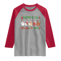 Funny Chicken Christmas Pun Raglan Shirt Making a List Chicken It Twice Cute Holiday Farm Animal - Wonder Print Shop