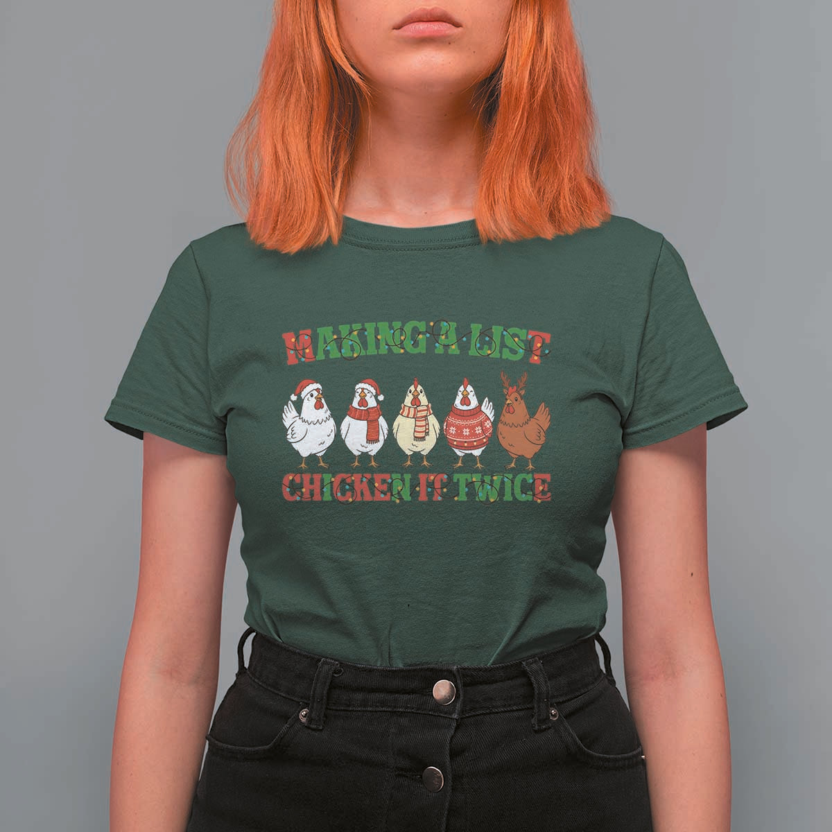 Funny Chicken Christmas Pun T Shirt For Women Making a List Chicken It Twice Cute Holiday Farm Animal - Wonder Print Shop