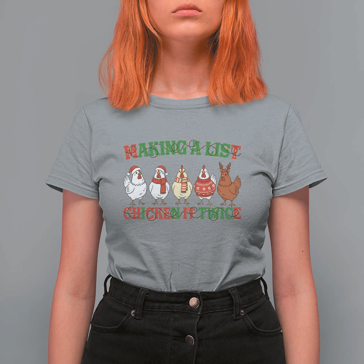 Funny Chicken Christmas Pun T Shirt For Women Making a List Chicken It Twice Cute Holiday Farm Animal - Wonder Print Shop