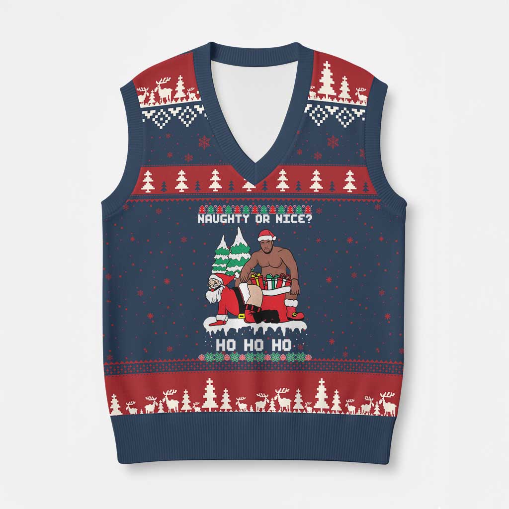 Funny Santa and Diddy Xmas V-Neck Knit Sweater Vest Naughty or Nice Ho Ho Ho Adult Humor Holiday - Wonder Print Shop