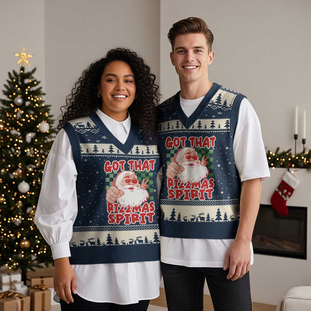 Funny Santa Rizz Xmas V-Neck Knit Sweater Vest Got That Rizzmas Spirit Retro Groovy - Wonder Print Shop