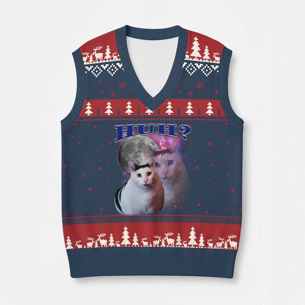 Funny Cat Emotion Meme V-Neck Knit Sweater Vest Huh Silly Sarcasm - Wonder Print Shop