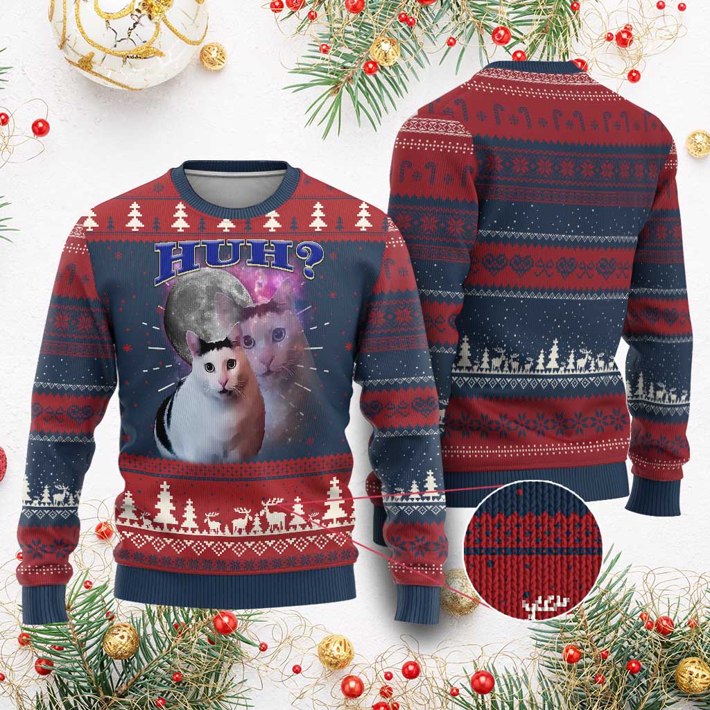 Funny Cat Emotion Meme Ugly Christmas Sweater Huh Silly Sarcasm - Wonder Print Shop