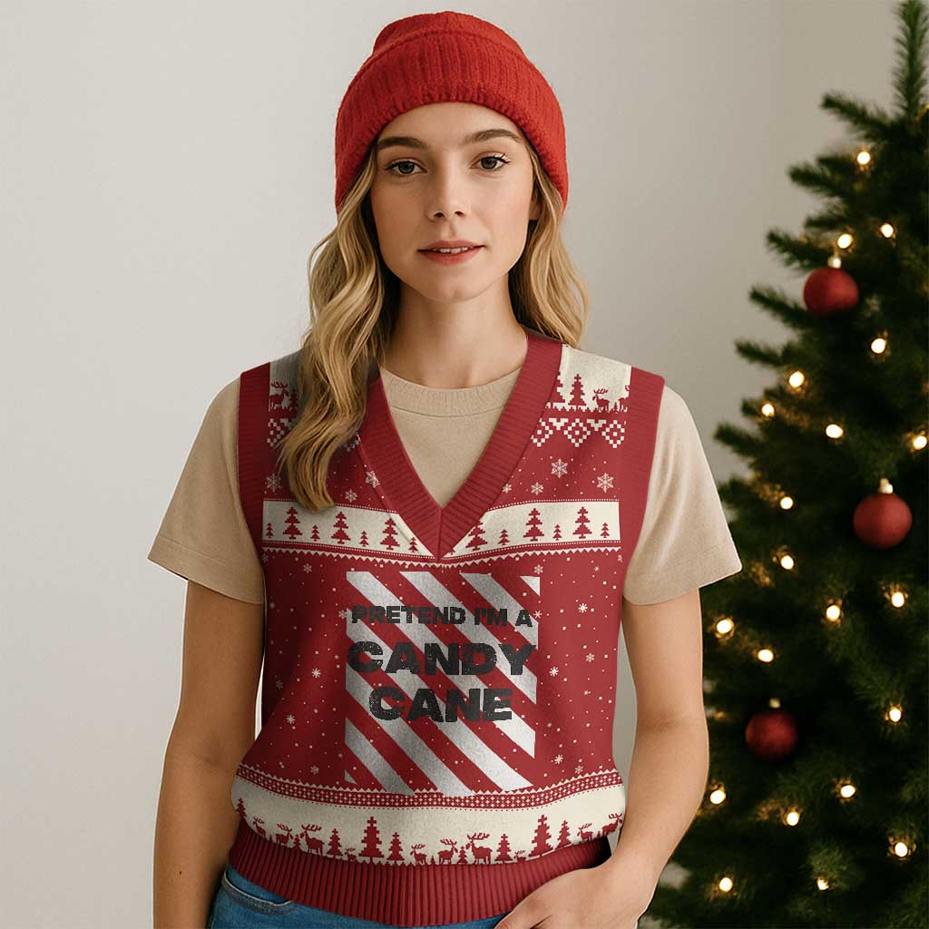 Funny Xmas Costume V-Neck Knit Sweater Vest Pretend I'm A Candy Cane - Wonder Print Shop