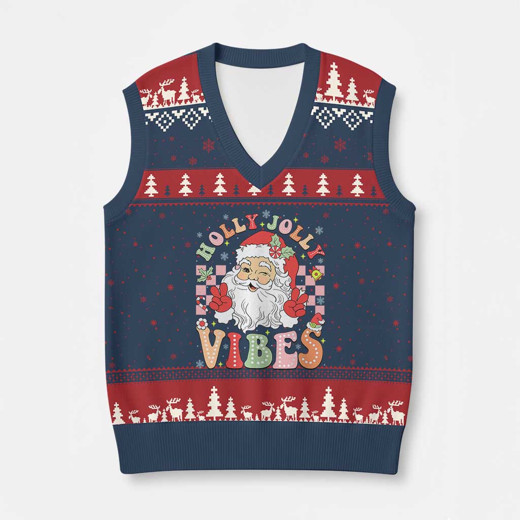 Retro Santa Xmas V-Neck Knit Sweater Vest Groovy Cute Santa Claus Xmas Vibes Xmas - Wonder Print Shop