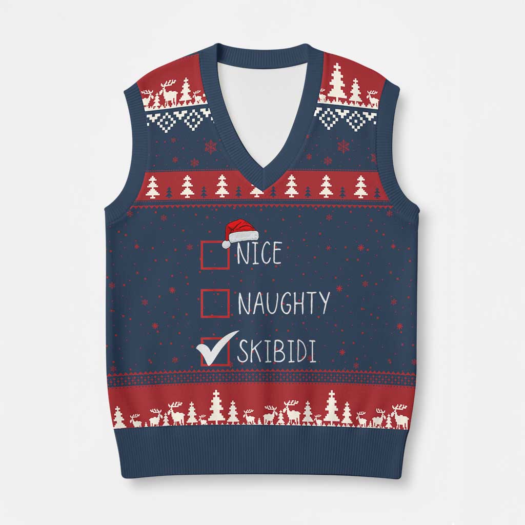 Nice Naughty Skibidi V-Neck Knit Sweater Vest Funny Xmas Santa List - Wonder Print Shop