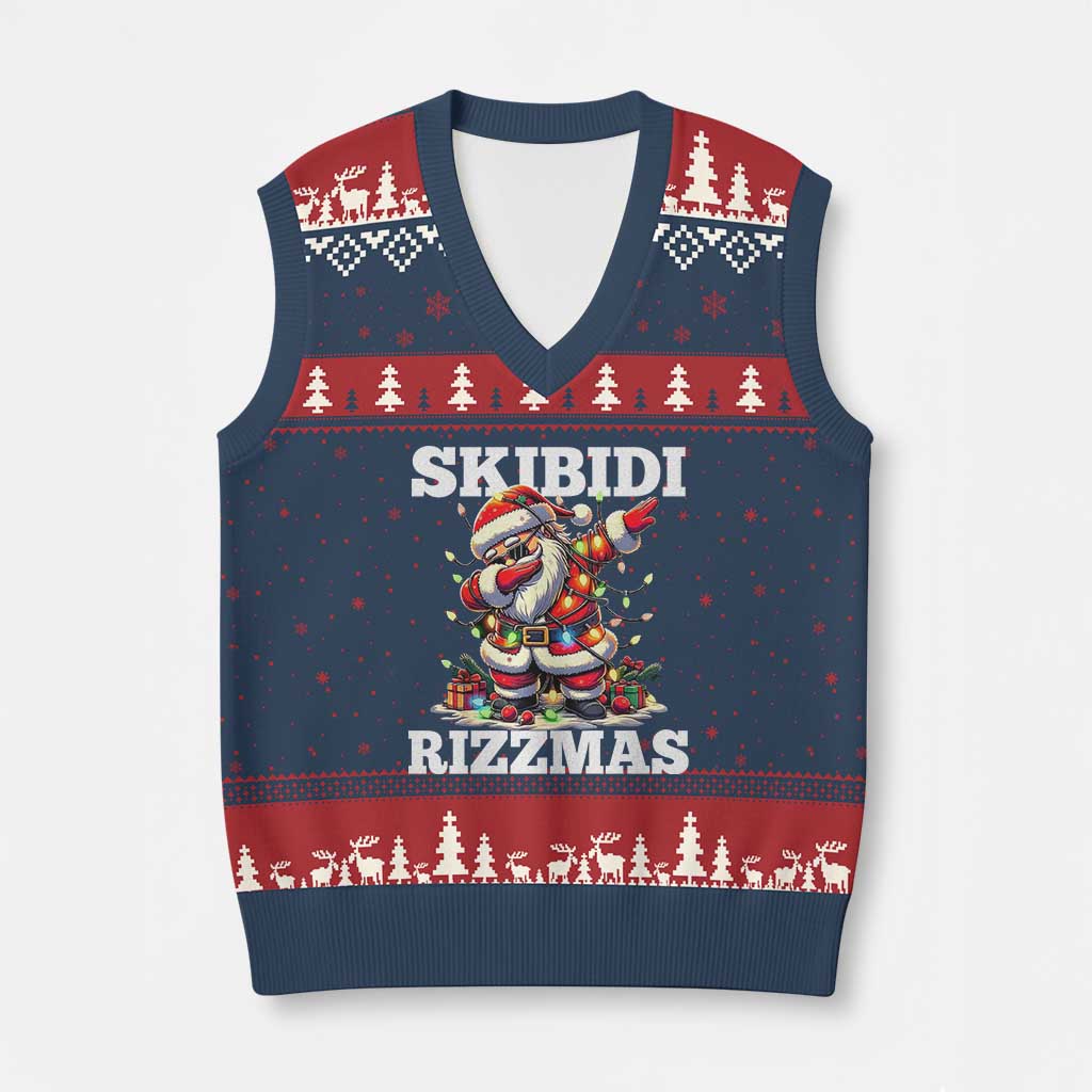Funny Dabbing Santa Rizz Xmas V-Neck Knit Sweater Vest Skibidi Rizzmas Xmas Lights - Wonder Print Shop
