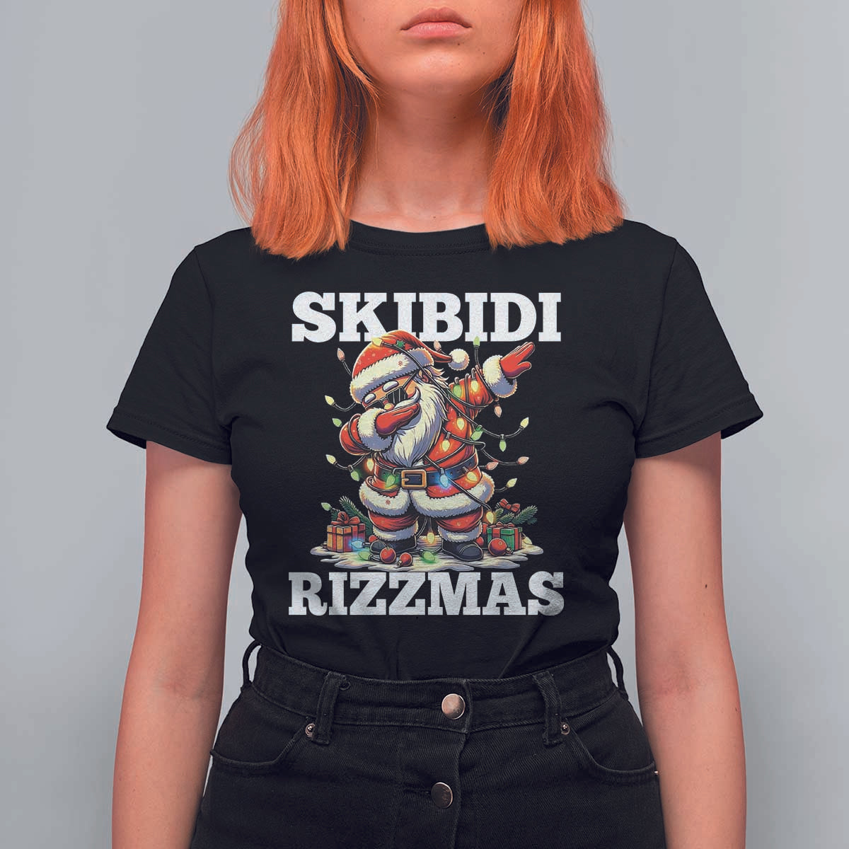 Funny Dabbing Santa Rizz Christmas T Shirt For Women Skibidi Rizzmas Xmas Lights - Wonder Print Shop