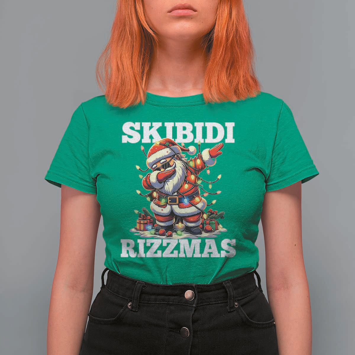 Funny Dabbing Santa Rizz Christmas T Shirt For Women Skibidi Rizzmas Xmas Lights - Wonder Print Shop