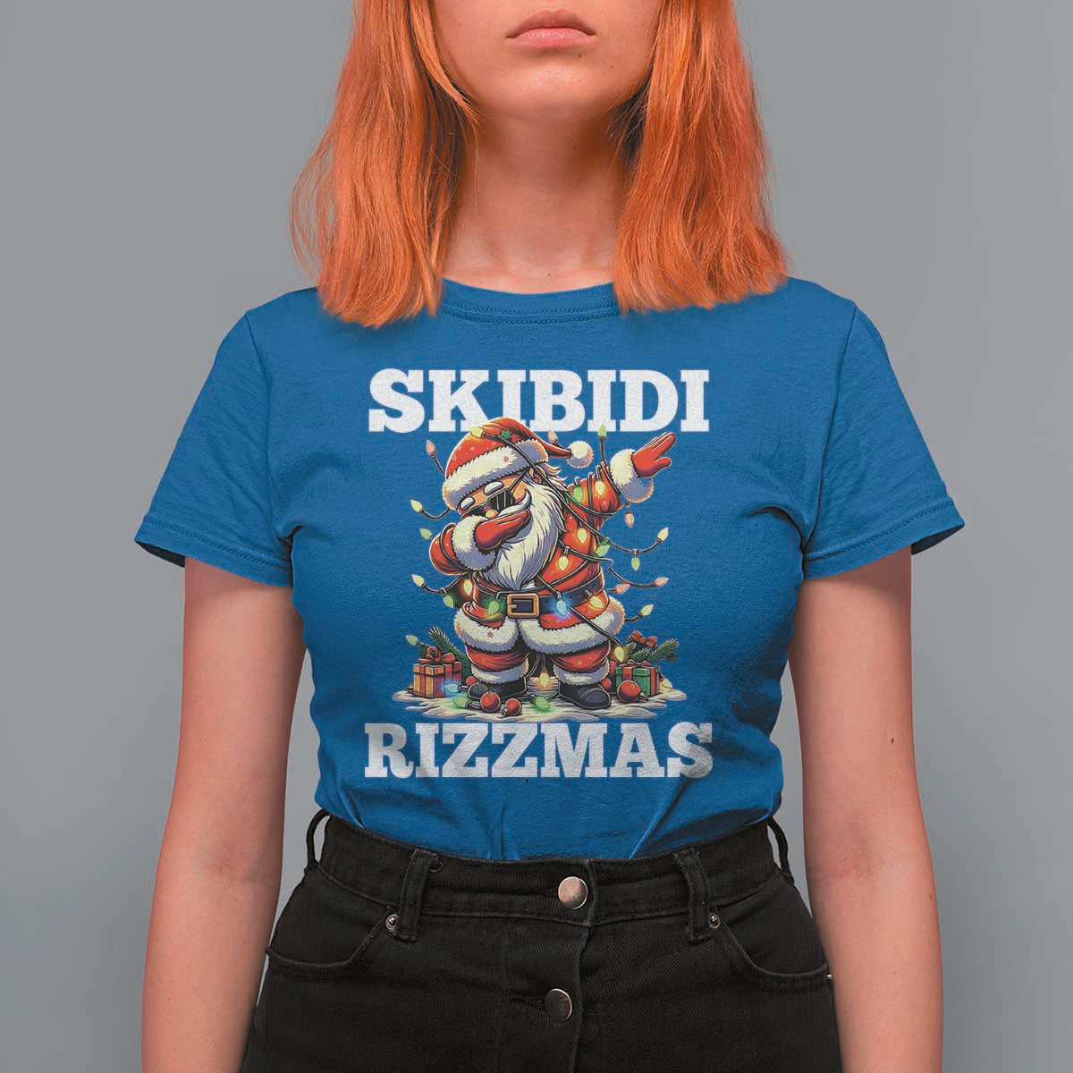 Funny Dabbing Santa Rizz Christmas T Shirt For Women Skibidi Rizzmas Xmas Lights - Wonder Print Shop