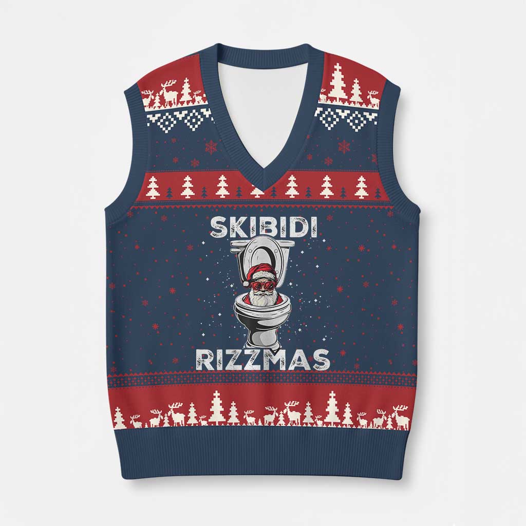 Funny Santa Rizz Xmas V-Neck Knit Sweater Vest Skibiti Toilet Rizzmas - Wonder Print Shop