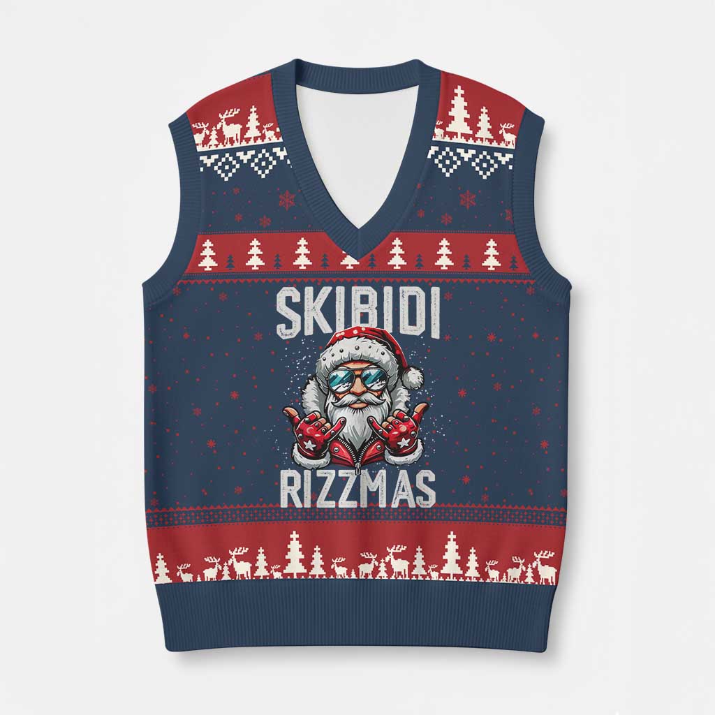 Funny Santa Rizz Xmas V-Neck Knit Sweater Vest Skibidi Rizzmas Gen Alpha Slang Cool Santa - Wonder Print Shop