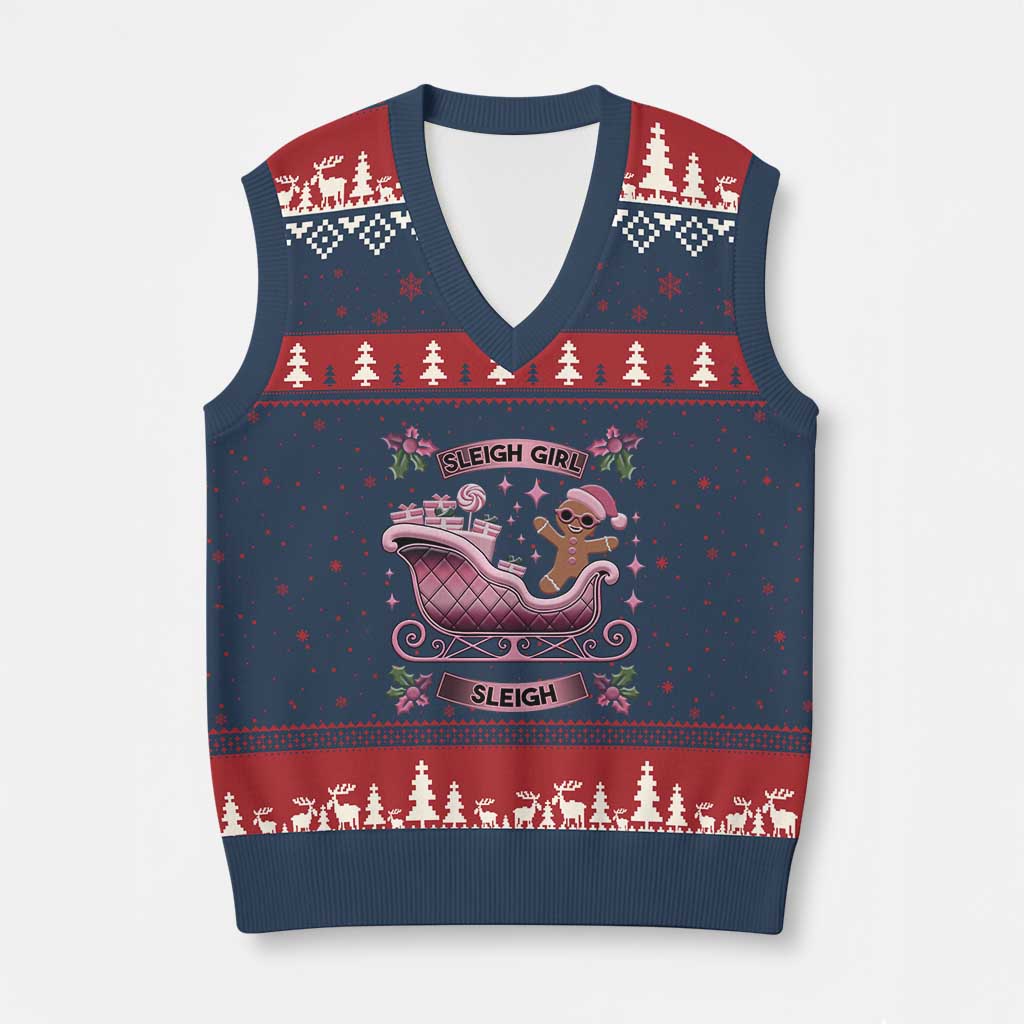 Groovy Pink Xmas Gingerbrad V-Neck Knit Sweater Vest Sleigh Girl Sleigh Festive Xmas Holiday Girls - Wonder Print Shop