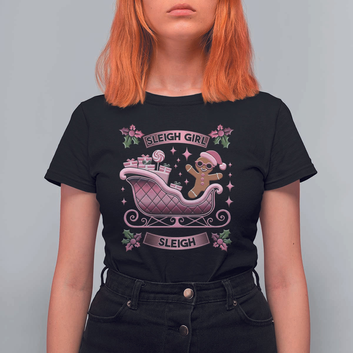 Groovy Pink Christmas Gingerbrad T Shirt For Women Sleigh Girl Sleigh Festive Xmas Holiday Girls - Wonder Print Shop