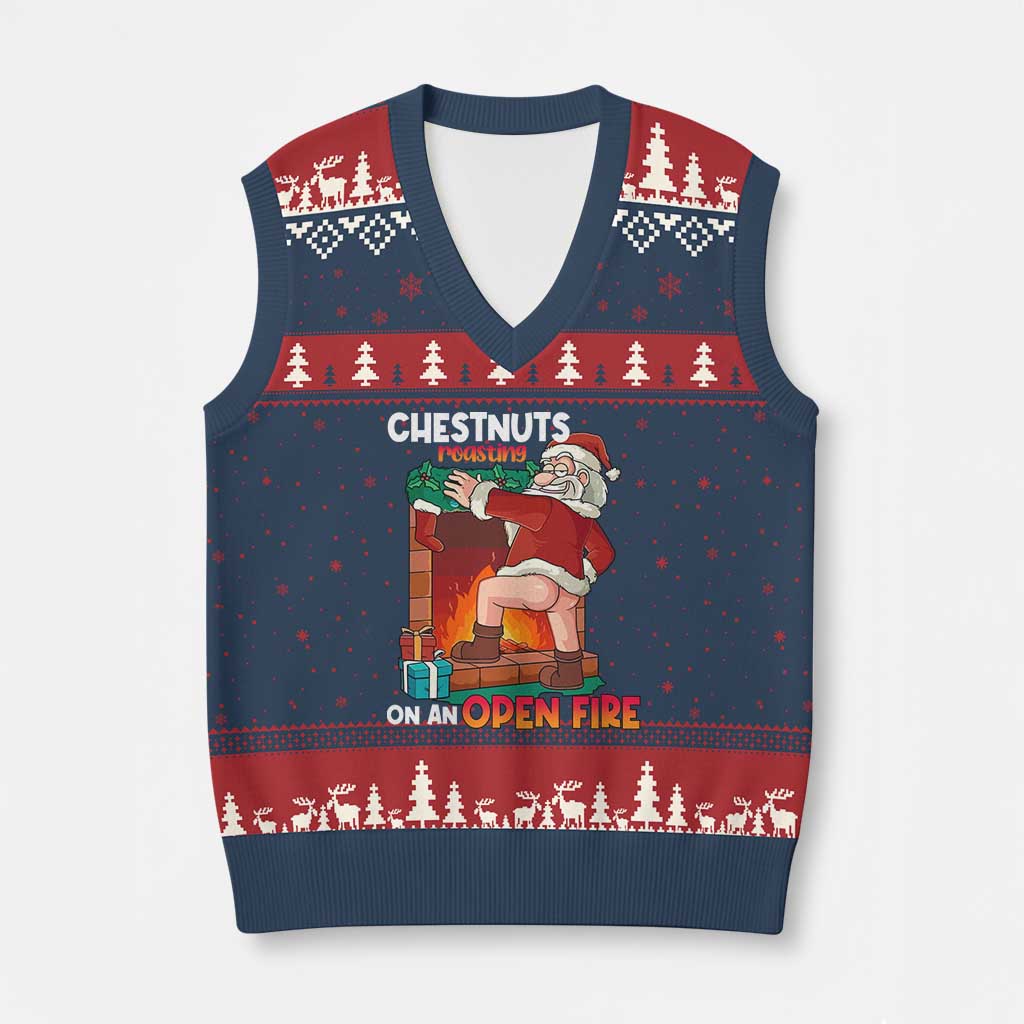 Funny Naughty Santa V-Neck Knit Sweater Vest Chestnuts Roasting On An Open Fire Dirty Food Pun Xmas Joke - Wonder Print Shop