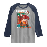 Funny Naughty Santa Raglan Shirt Chestnuts Roasting On An Open Fire Dirty Food Pun Xmas Joke