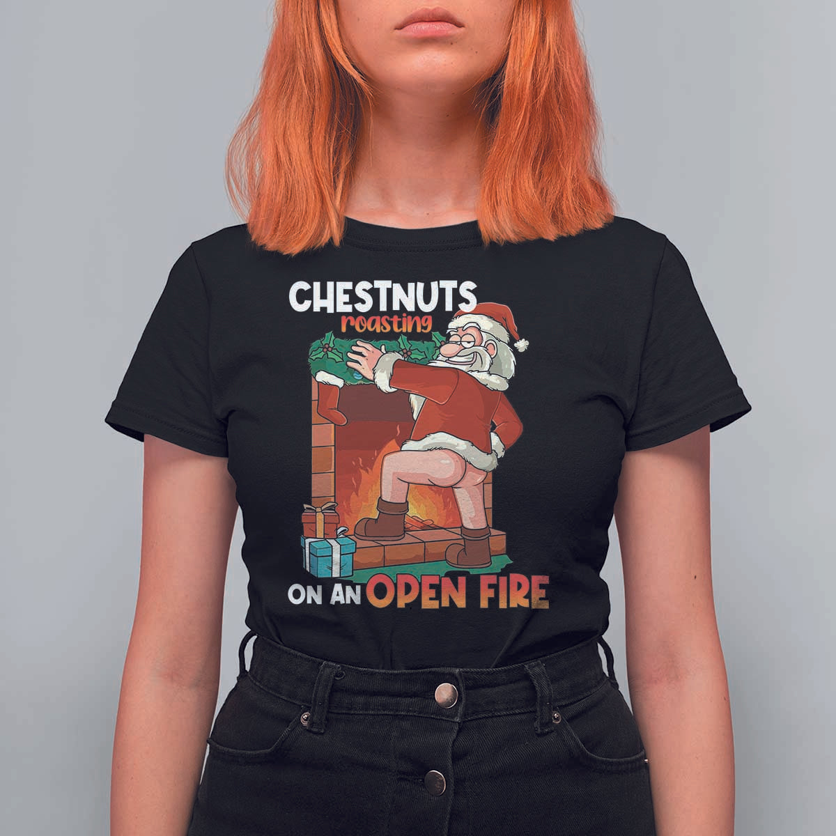 Funny Naughty Santa T Shirt For Women Chestnuts Roasting On An Open Fire Dirty Food Pun Xmas Joke - Wonder Print Shop