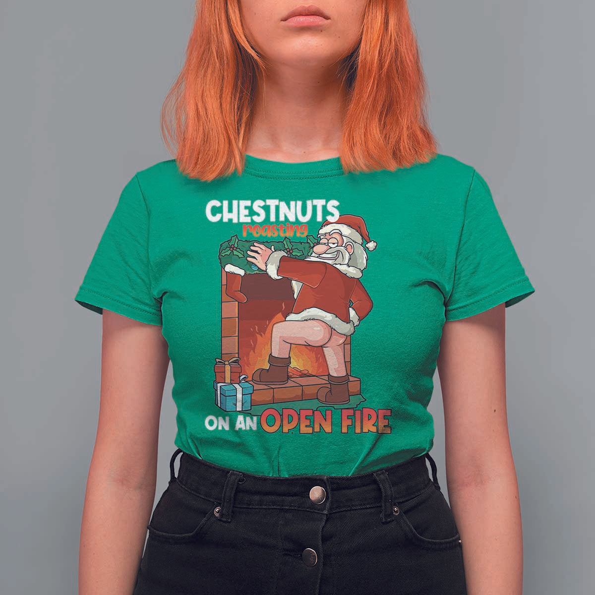 Funny Naughty Santa T Shirt For Women Chestnuts Roasting On An Open Fire Dirty Food Pun Xmas Joke - Wonder Print Shop