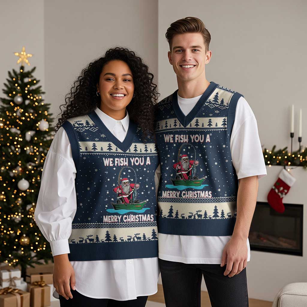 Santa Xmas Boat Fishing V-Neck Knit Sweater Vest We Fish You A Merry Xmas Fisherman - Wonder Print Shop