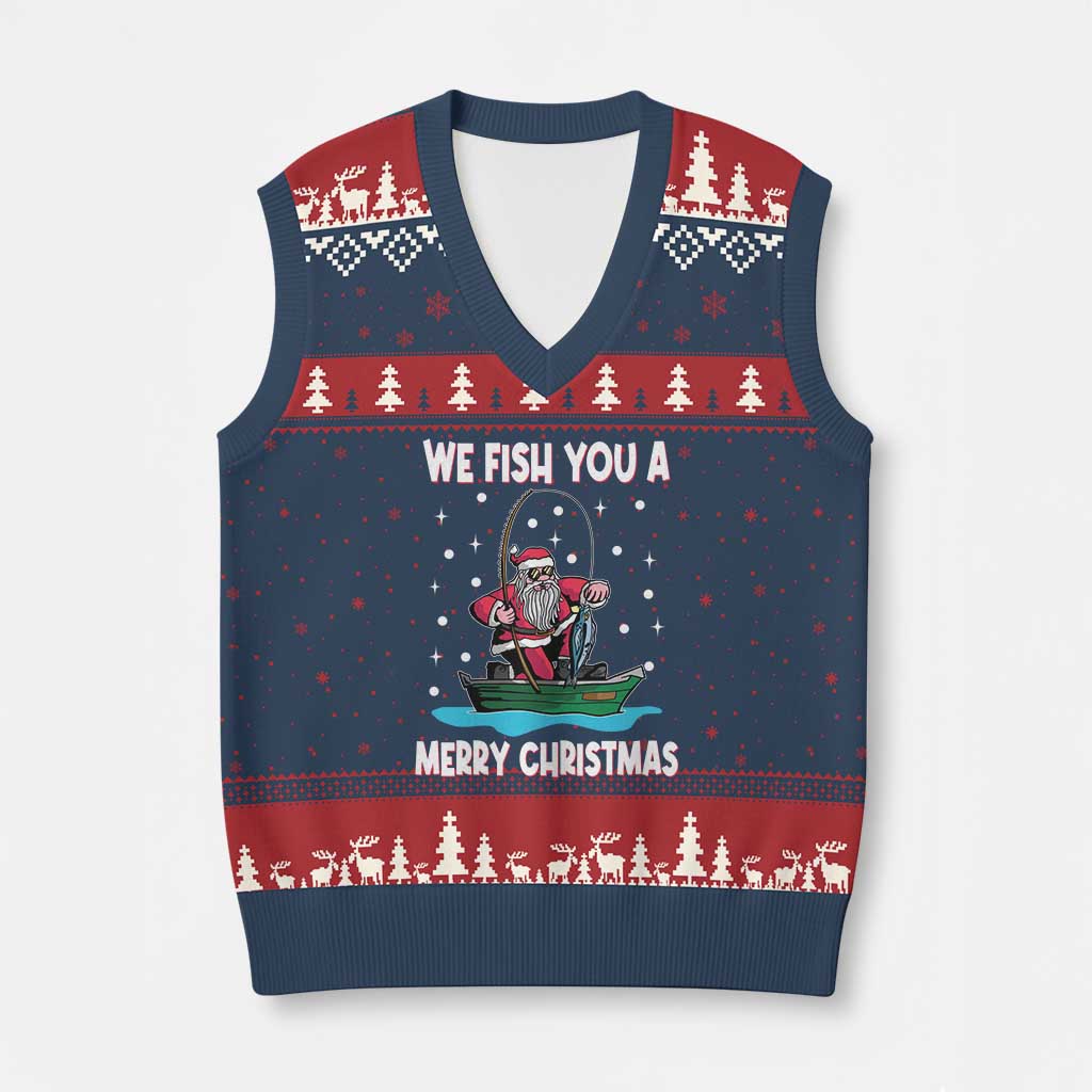 Santa Xmas Boat Fishing V-Neck Knit Sweater Vest We Fish You A Merry Xmas Fisherman - Wonder Print Shop