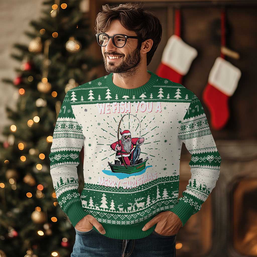 Santa Xmas Boat Fishing Ugly Christmas Sweater We Fish You A Merry Xmas Fisherman - Wonder Print Shop