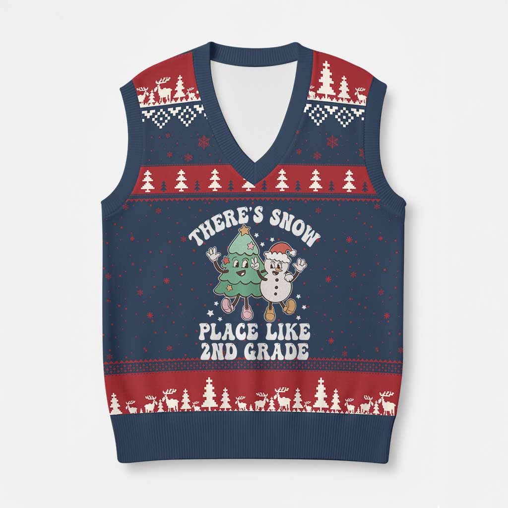 Xmas Teacher V-Neck Knit Sweater Vest There’s Snow Place Like 2nd Grade Merry Xmas Retro Groovy - Wonder Print Shop