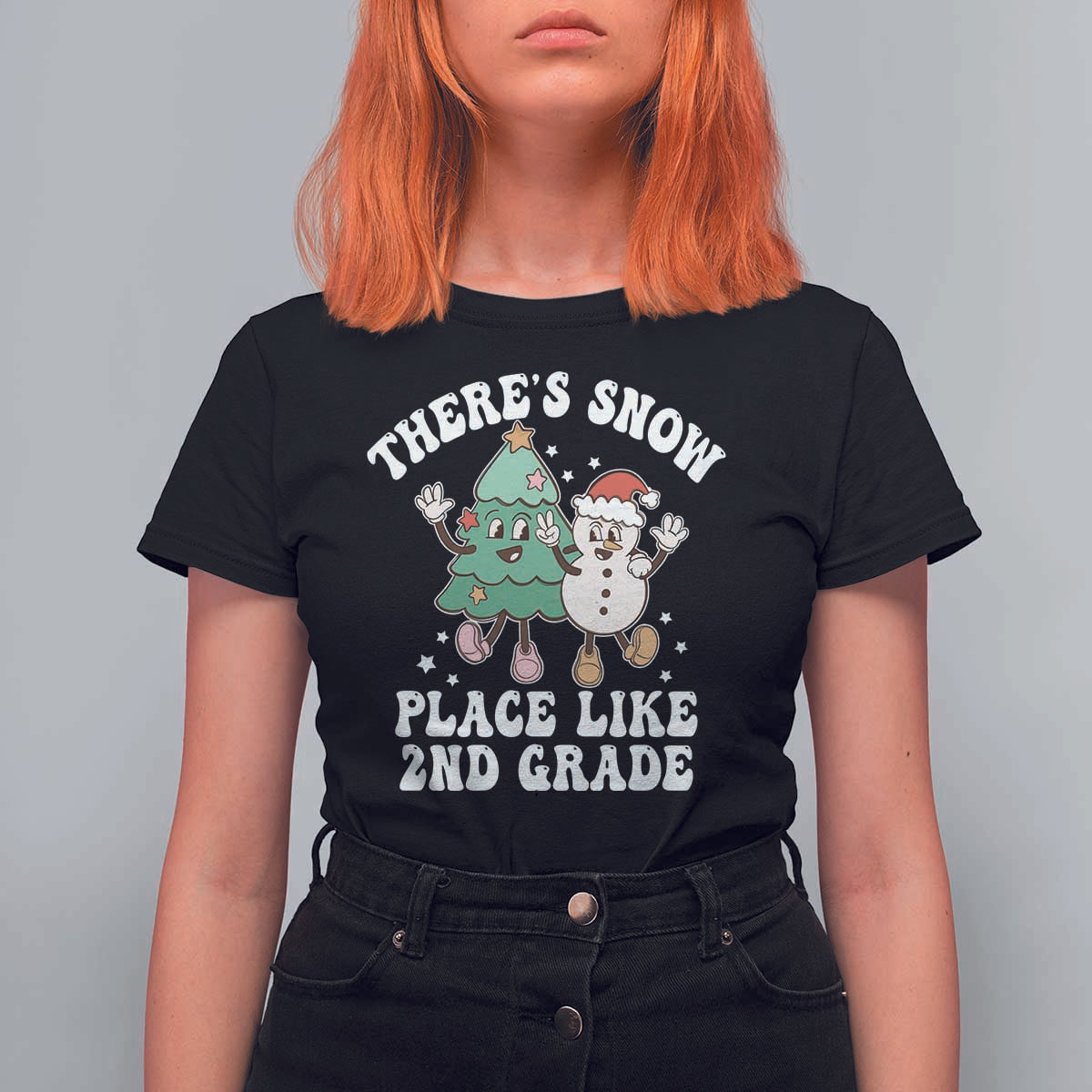 Christmas Teacher T Shirt For Women Theres Snow Place Like 2nd Grade Merry Xmas Retro Groovy - Wonder Print Shop