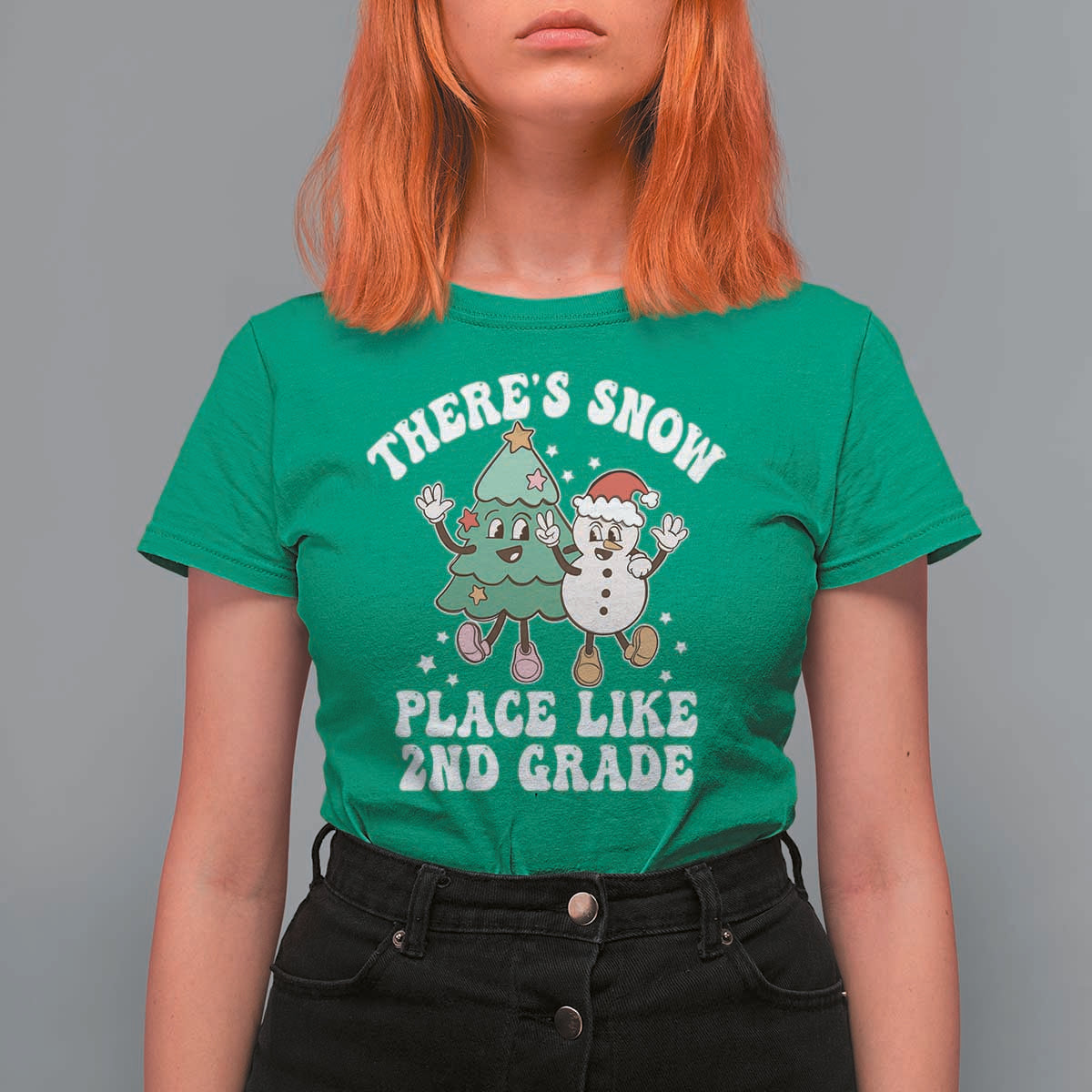 Christmas Teacher T Shirt For Women Theres Snow Place Like 2nd Grade Merry Xmas Retro Groovy - Wonder Print Shop