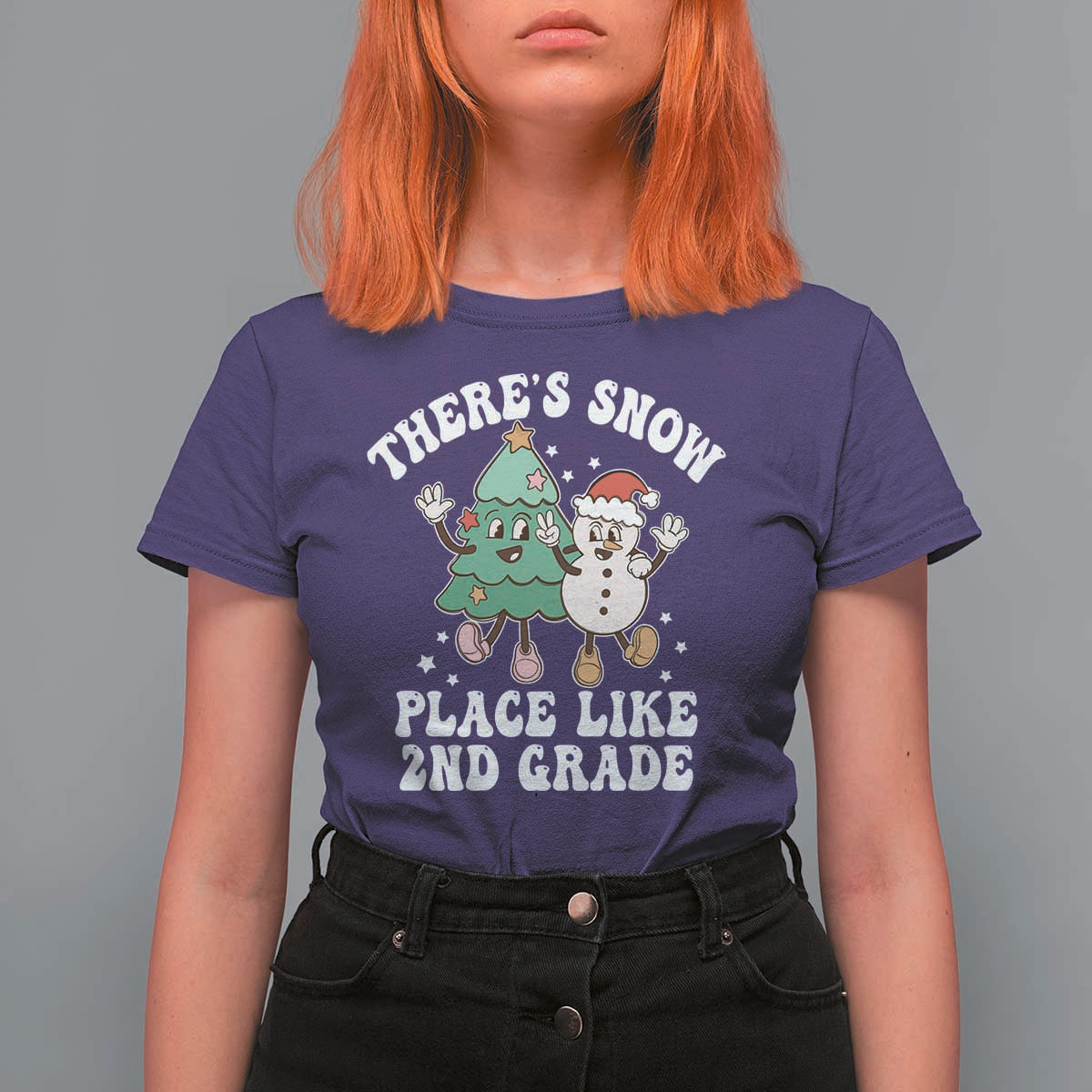 Christmas Teacher T Shirt For Women Theres Snow Place Like 2nd Grade Merry Xmas Retro Groovy - Wonder Print Shop