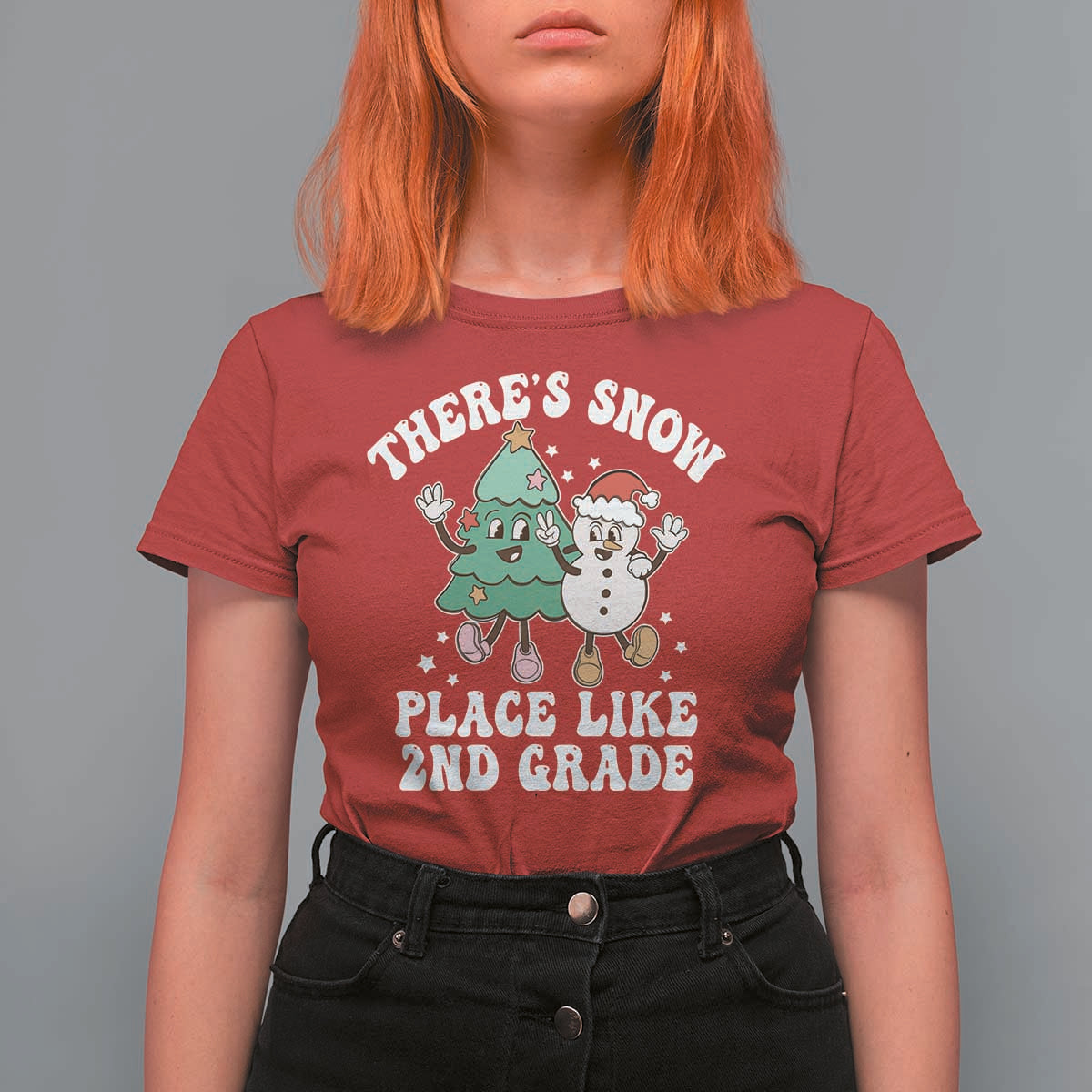 Christmas Teacher T Shirt For Women Theres Snow Place Like 2nd Grade Merry Xmas Retro Groovy - Wonder Print Shop
