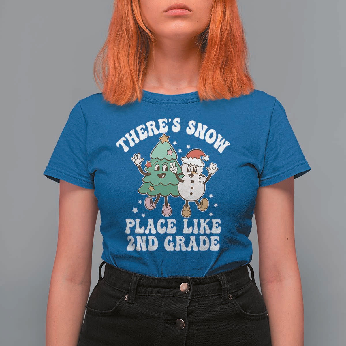 Christmas Teacher T Shirt For Women Theres Snow Place Like 2nd Grade Merry Xmas Retro Groovy - Wonder Print Shop