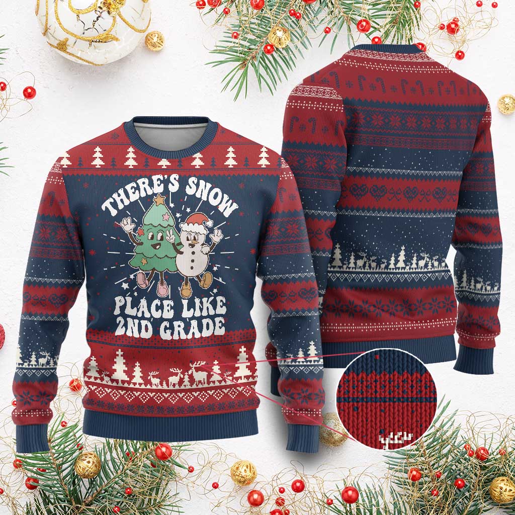 XmasTeacher Ugly Christmas Sweater Theres Snow Place Like 2nd Grade Merry Xmas Retro Groovy - Wonder Print Shop