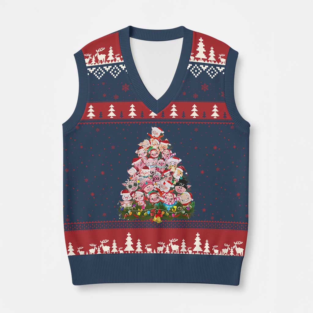 Cute Pink Pigs Xmas Tree V-Neck Knit Sweater Vest Funny Farmer Xmas Lights Festive Vibe - Wonder Print Shop
