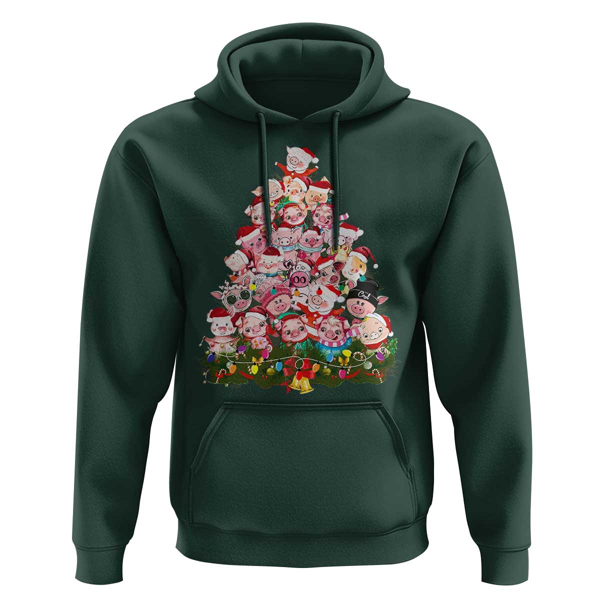 Cute Pink Pigs Christmas Tree Hoodie Funny Farmer Xmas Lights Festive Vibe