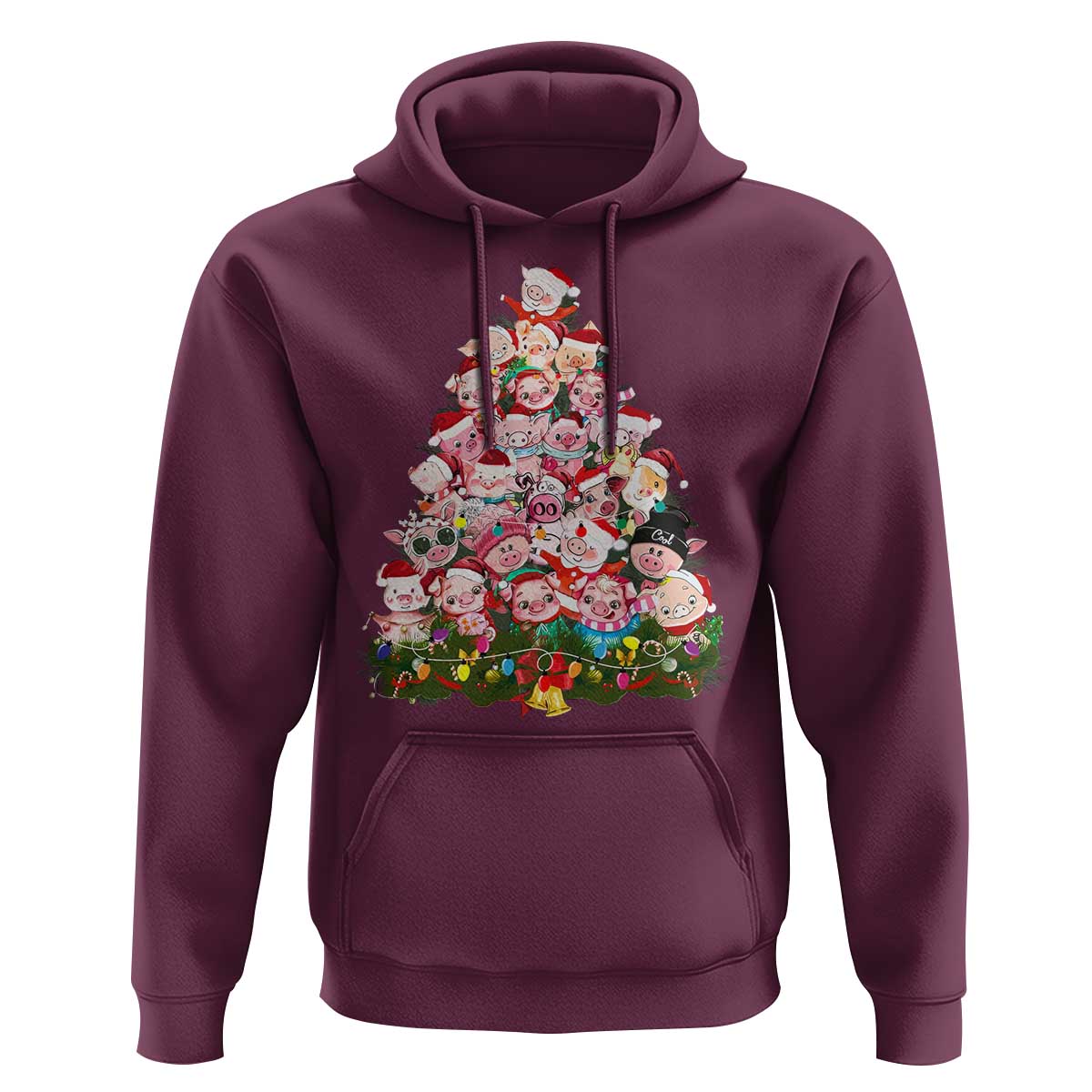Cute Pink Pigs Christmas Tree Hoodie Funny Farmer Xmas Lights Festive Vibe