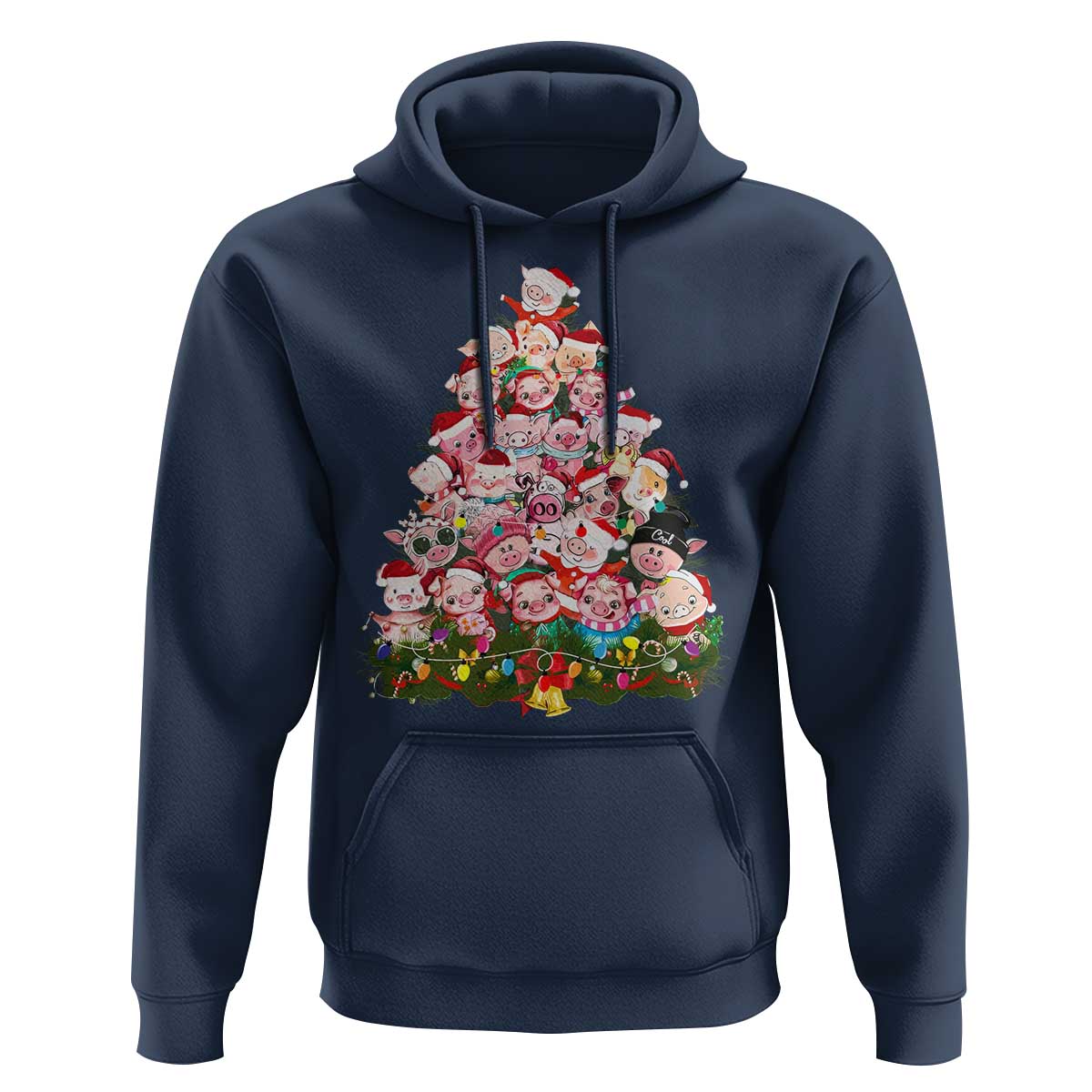 Cute Pink Pigs Christmas Tree Hoodie Funny Farmer Xmas Lights Festive Vibe