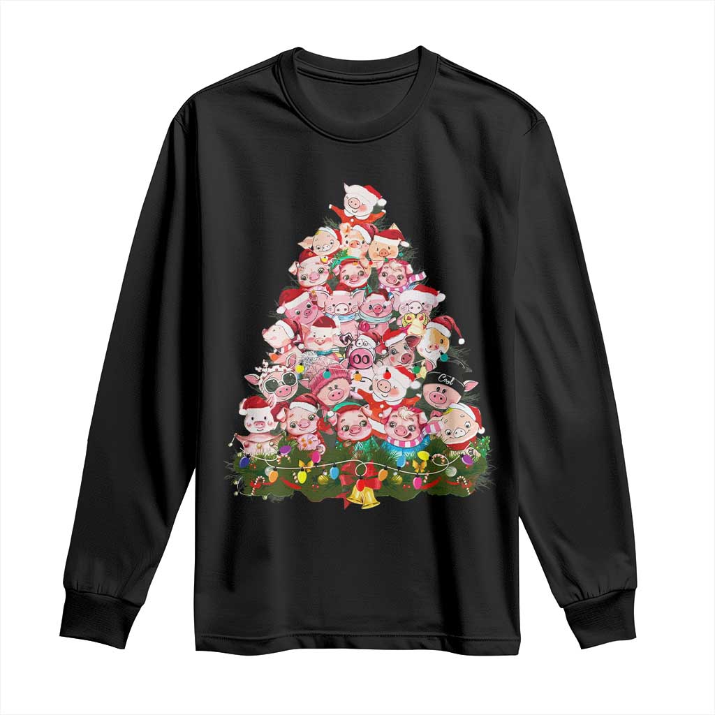 Cute Pink Pigs Christmas Tree Long Sleeve Shirt Funny Farmer Xmas Lights Festive Vibe