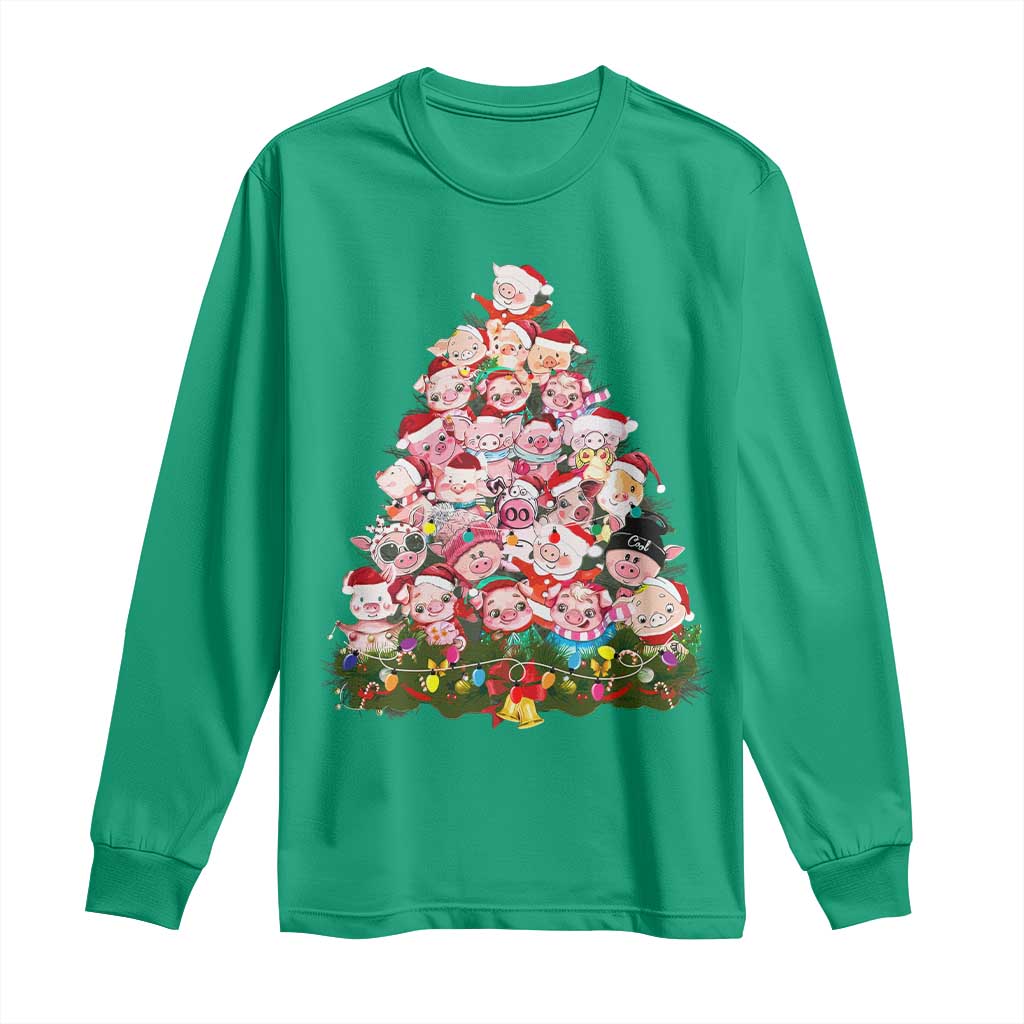 Cute Pink Pigs Christmas Tree Long Sleeve Shirt Funny Farmer Xmas Lights Festive Vibe
