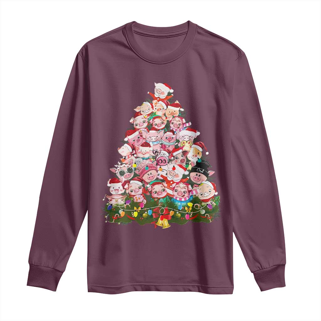 Cute Pink Pigs Christmas Tree Long Sleeve Shirt Funny Farmer Xmas Lights Festive Vibe
