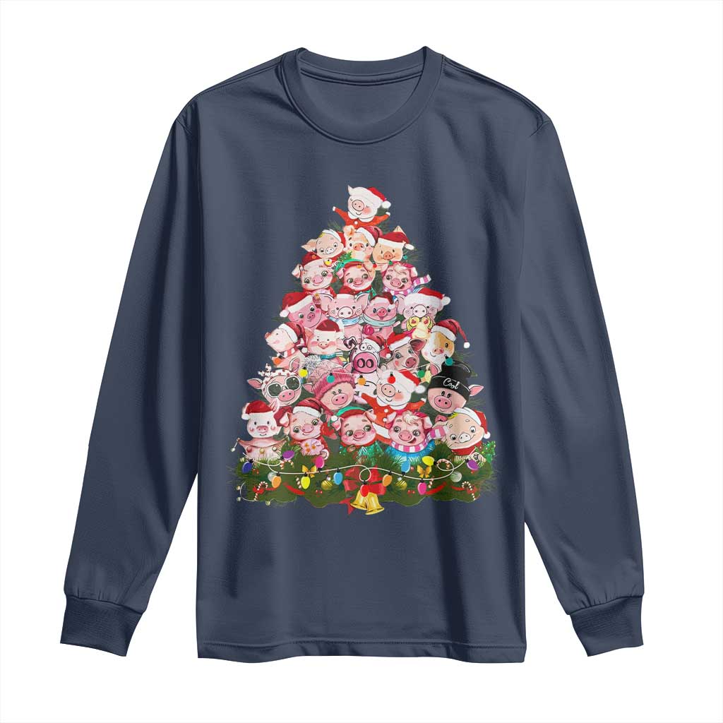 Cute Pink Pigs Christmas Tree Long Sleeve Shirt Funny Farmer Xmas Lights Festive Vibe