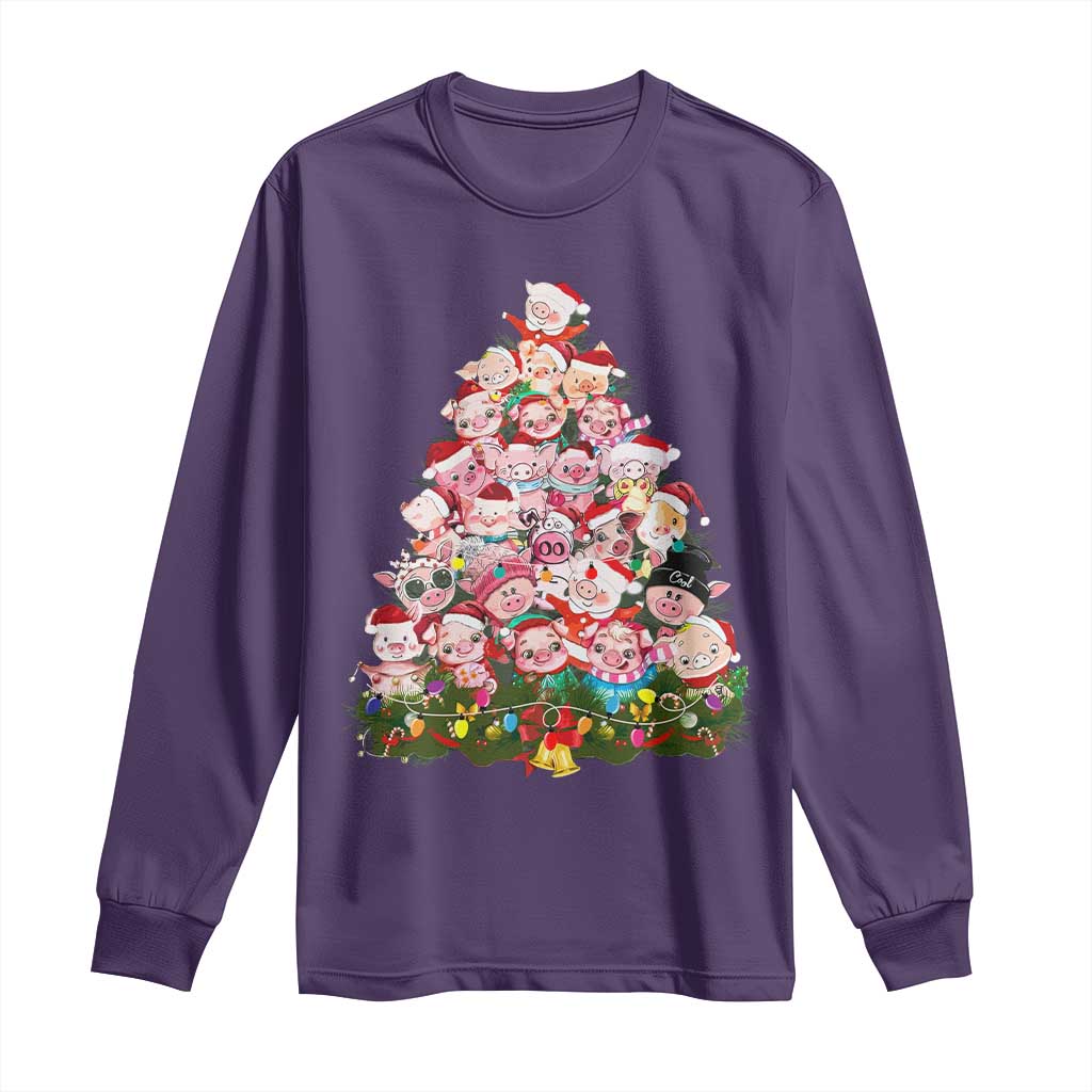 Cute Pink Pigs Christmas Tree Long Sleeve Shirt Funny Farmer Xmas Lights Festive Vibe