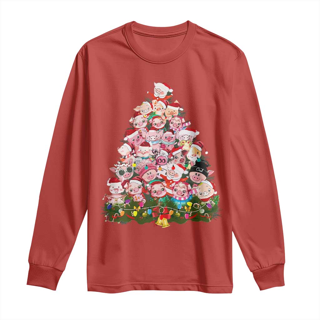 Cute Pink Pigs Christmas Tree Long Sleeve Shirt Funny Farmer Xmas Lights Festive Vibe