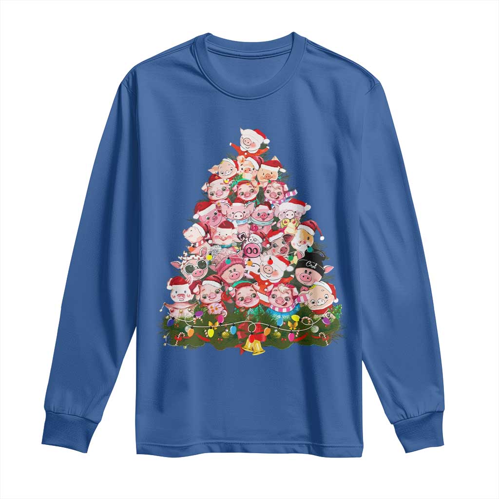 Cute Pink Pigs Christmas Tree Long Sleeve Shirt Funny Farmer Xmas Lights Festive Vibe