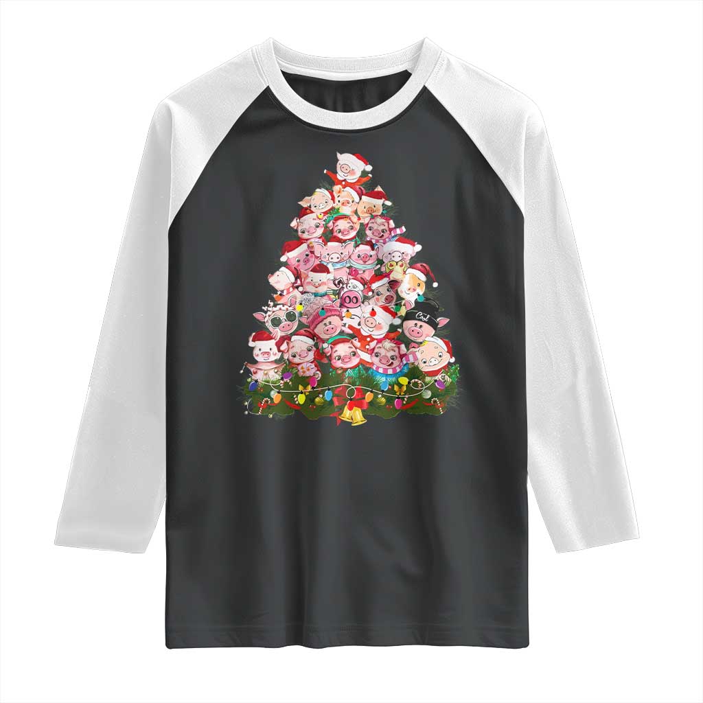 Cute Pink Pigs Christmas Tree Raglan Shirt Funny Farmer Xmas Lights Festive Vibe