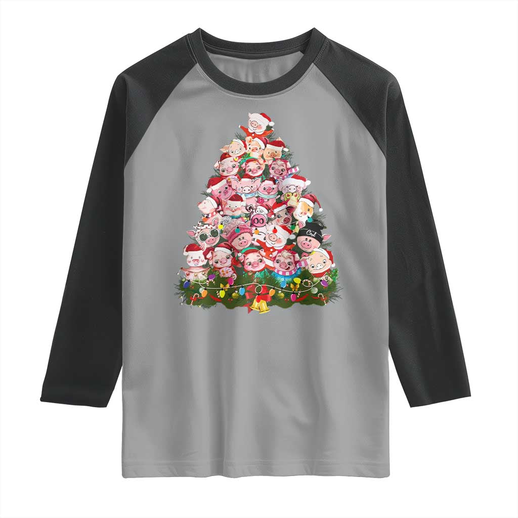 Cute Pink Pigs Christmas Tree Raglan Shirt Funny Farmer Xmas Lights Festive Vibe